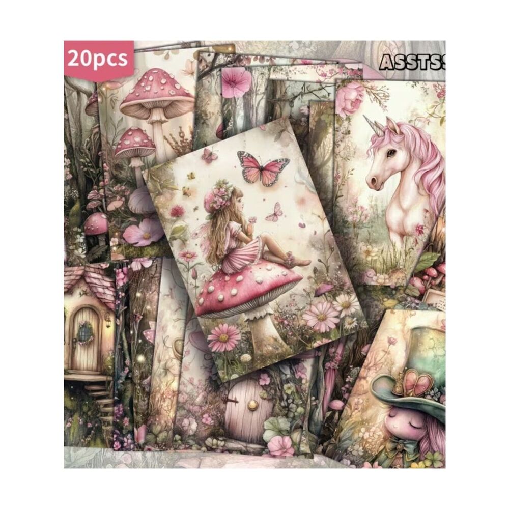 Paper Crafts Watercolor Pink Magic Forest Fairies Unicorns Mushroom Scrapbooking